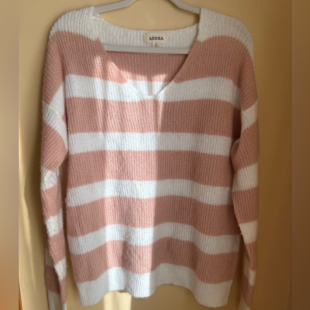 ADORA Blush and White Striped V-Neck Sweater